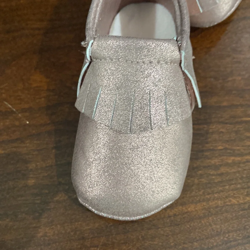 Pink shimmery, baby moccasins 6–9 months only worn for a photo shoot